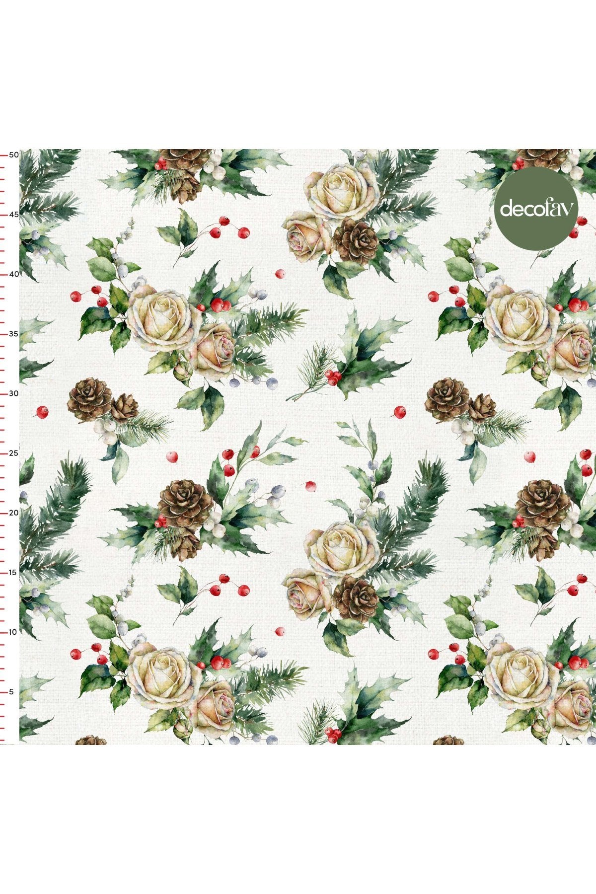 Digitally Printed Fabric with Watercolor Kokina Pine Cone and Rose Pattern