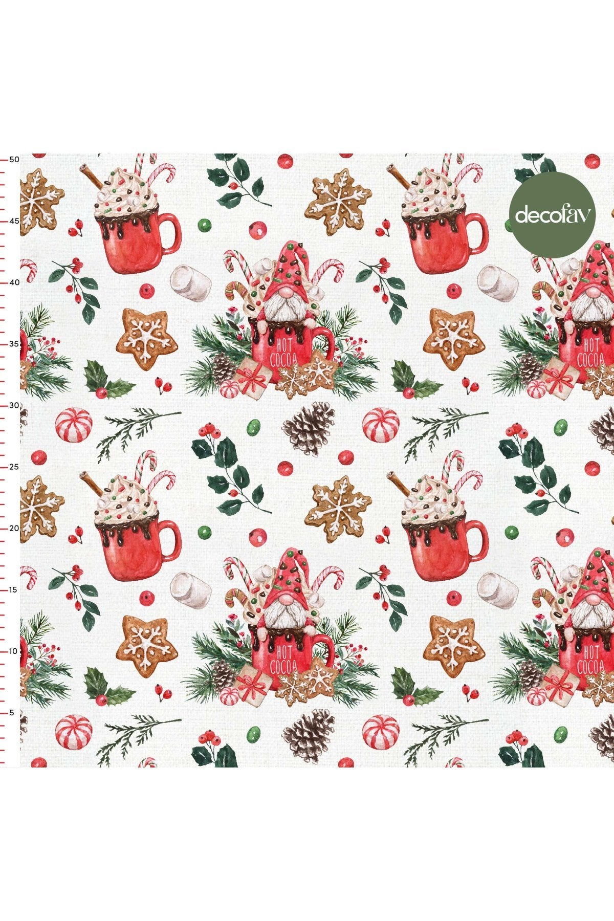 Digitally Printed Fabric with Watercolor Christmas Objects, Cookies, Candy and Leaf Patterns