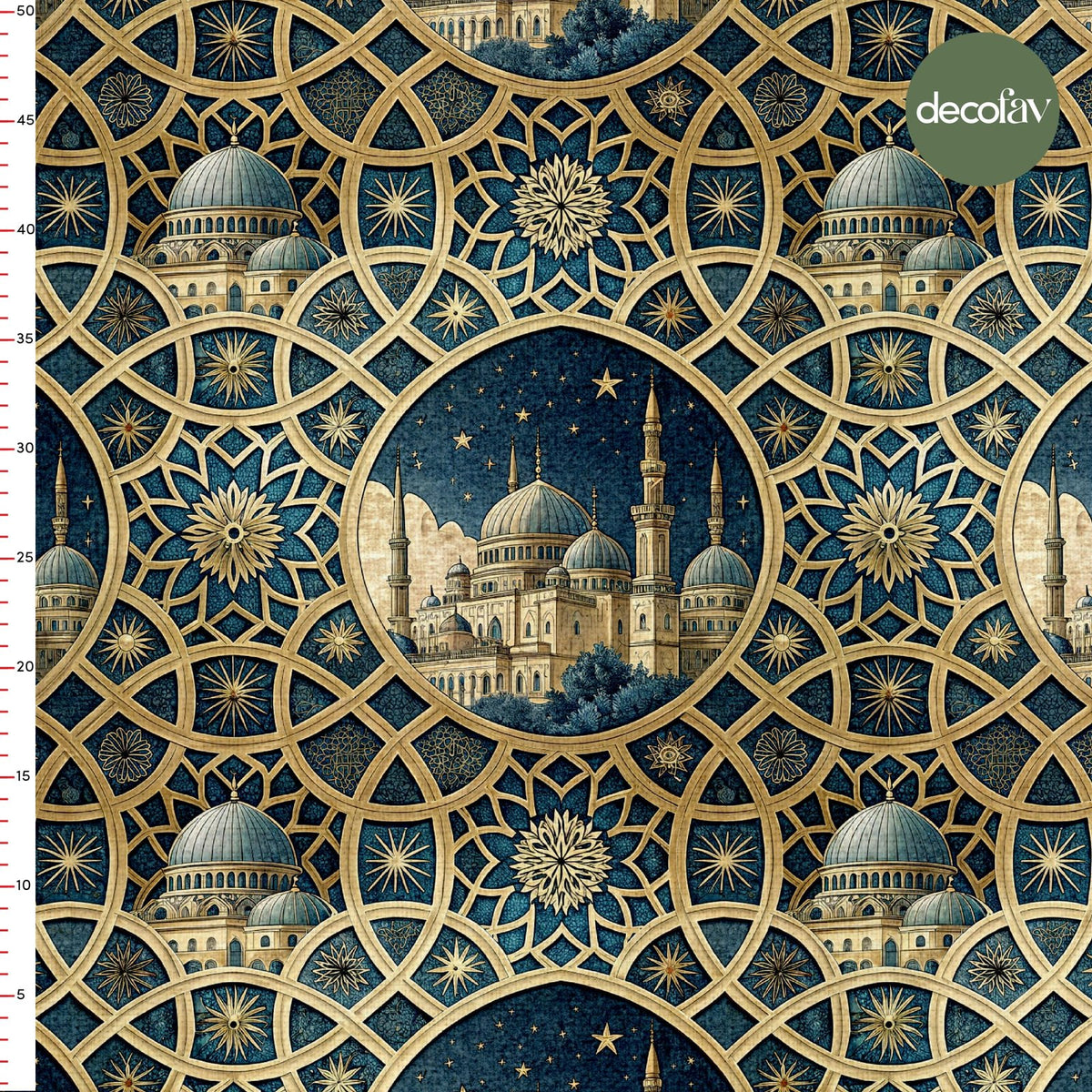 Bej Zemin Geometrik Oryantal Cami Ramazan Temalı İslam Konsept Desenli Dijital Baskılı Kumaş