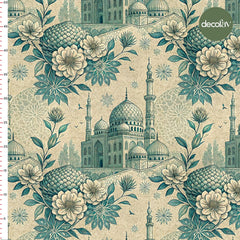 Turkuaz Ve Bej Tonlarında Cami ve Çiçek Motifli Ramazan Temalı Dijital Baskılı Kumaş