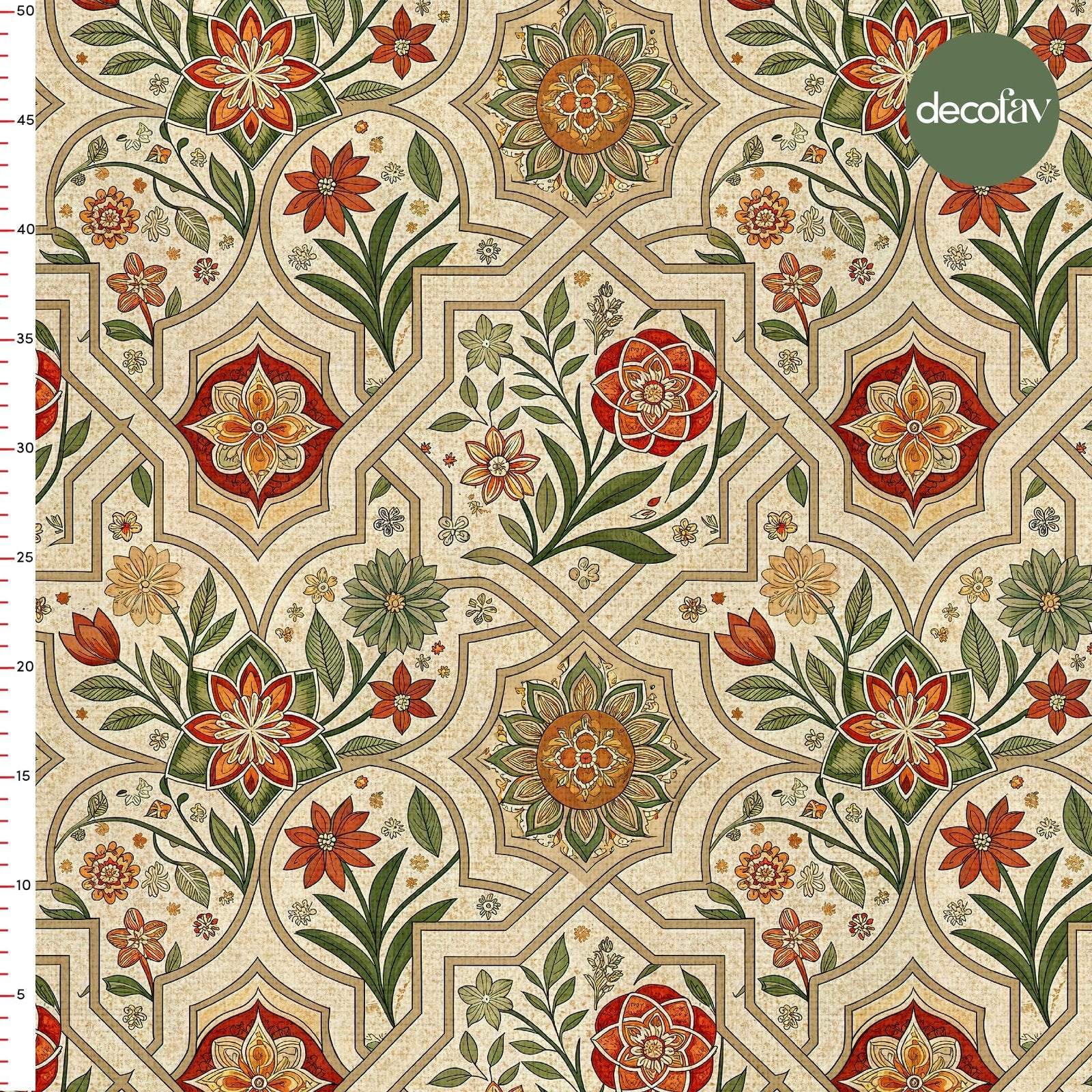 Çiçek Motif  ve Geometrik Çizgiler  Desenli Dijital Baskılı Kumaş
