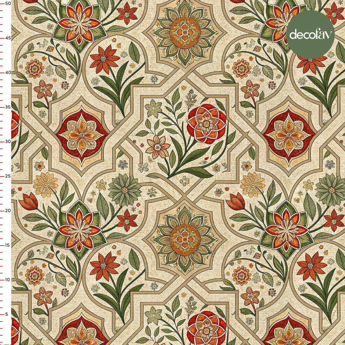Çiçek Motif  ve Geometrik Çizgiler  Desenli Dijital Baskılı Kumaş