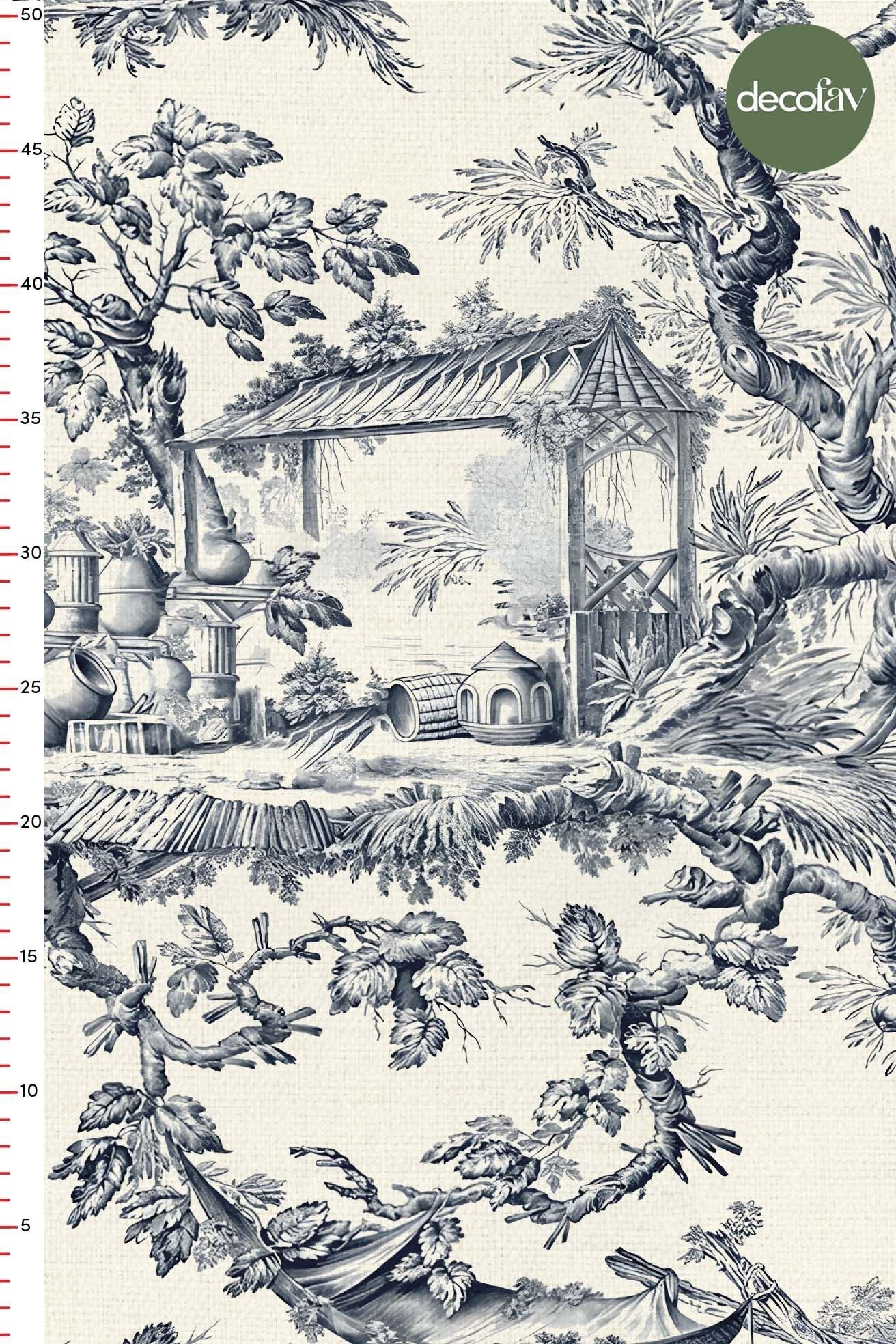 Büyük Toile de Jouy Desenli Dijital Baskılı Kumaş