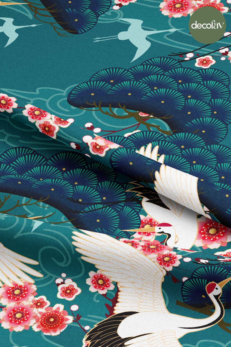 Geleneksel Japon Stili Leylek ve Çiçek Desenli Dijital Baskılı Kumaş