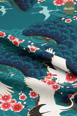 Geleneksel Japon Stili Leylek ve Çiçek Desenli Dijital Baskılı Kumaş