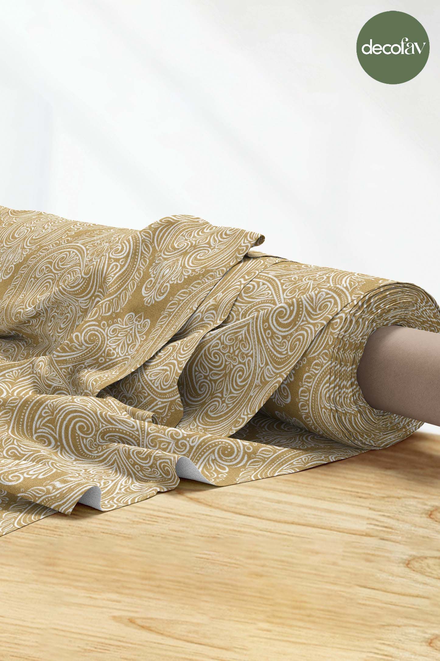 Hardal Rengi Oryantal Damask Desenli Dijital Baskılı Kumaş