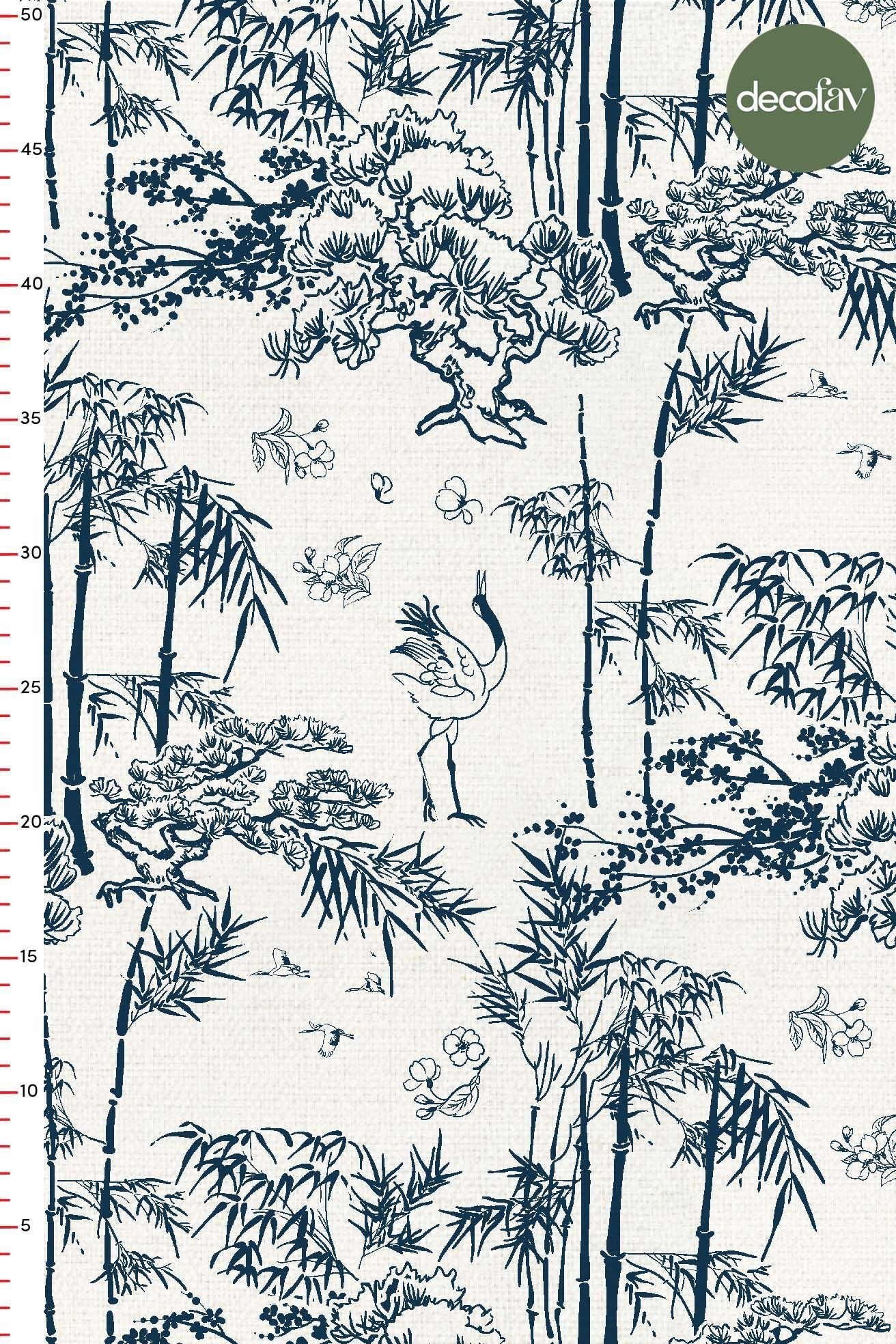 Toile de Jouy Lacivert Orman ve Devekuşu Desenli Dijital Baskılı Kumaş