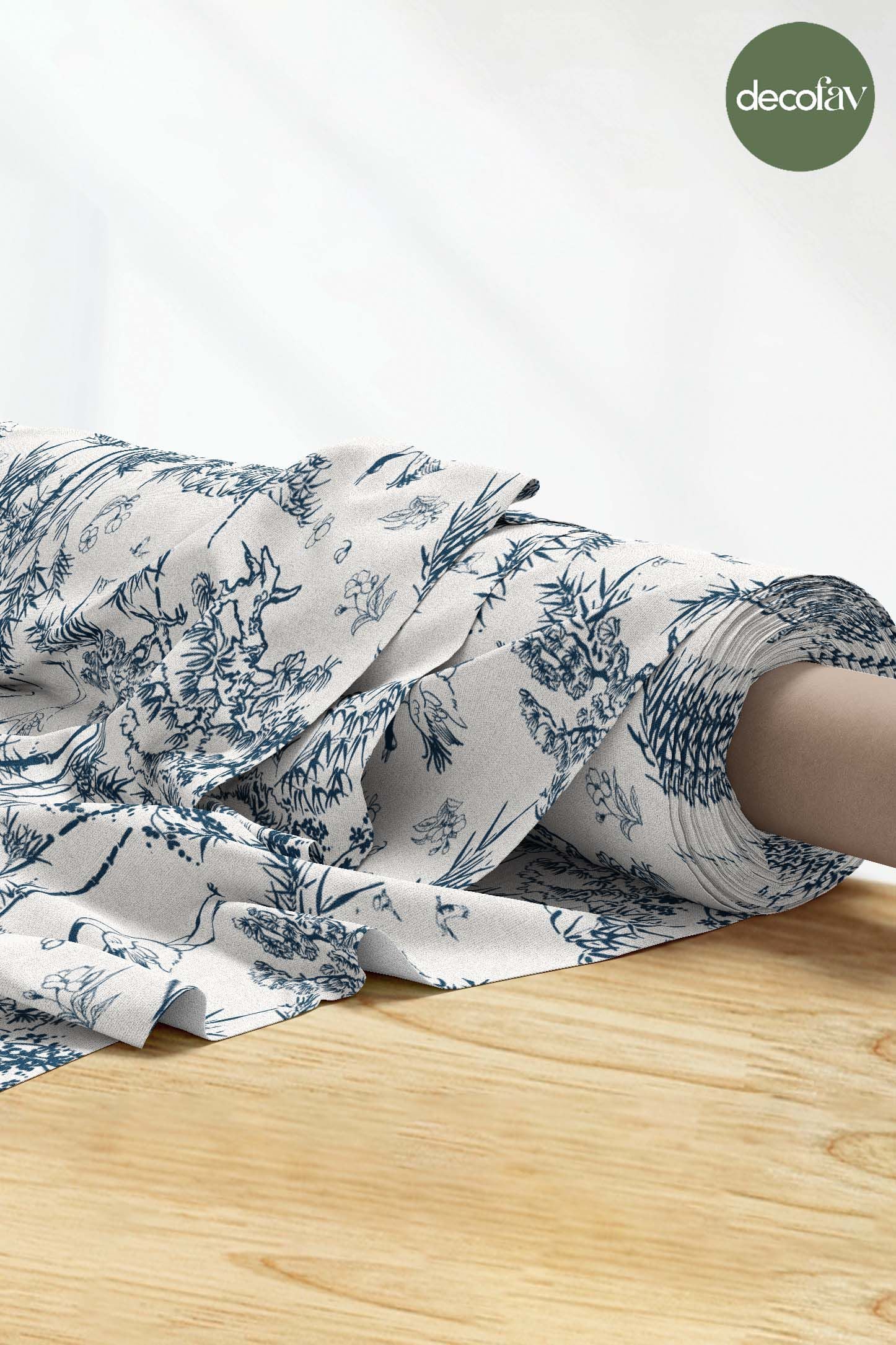 Toile de Jouy Lacivert Orman ve Devekuşu Desenli Dijital Baskılı Kumaş