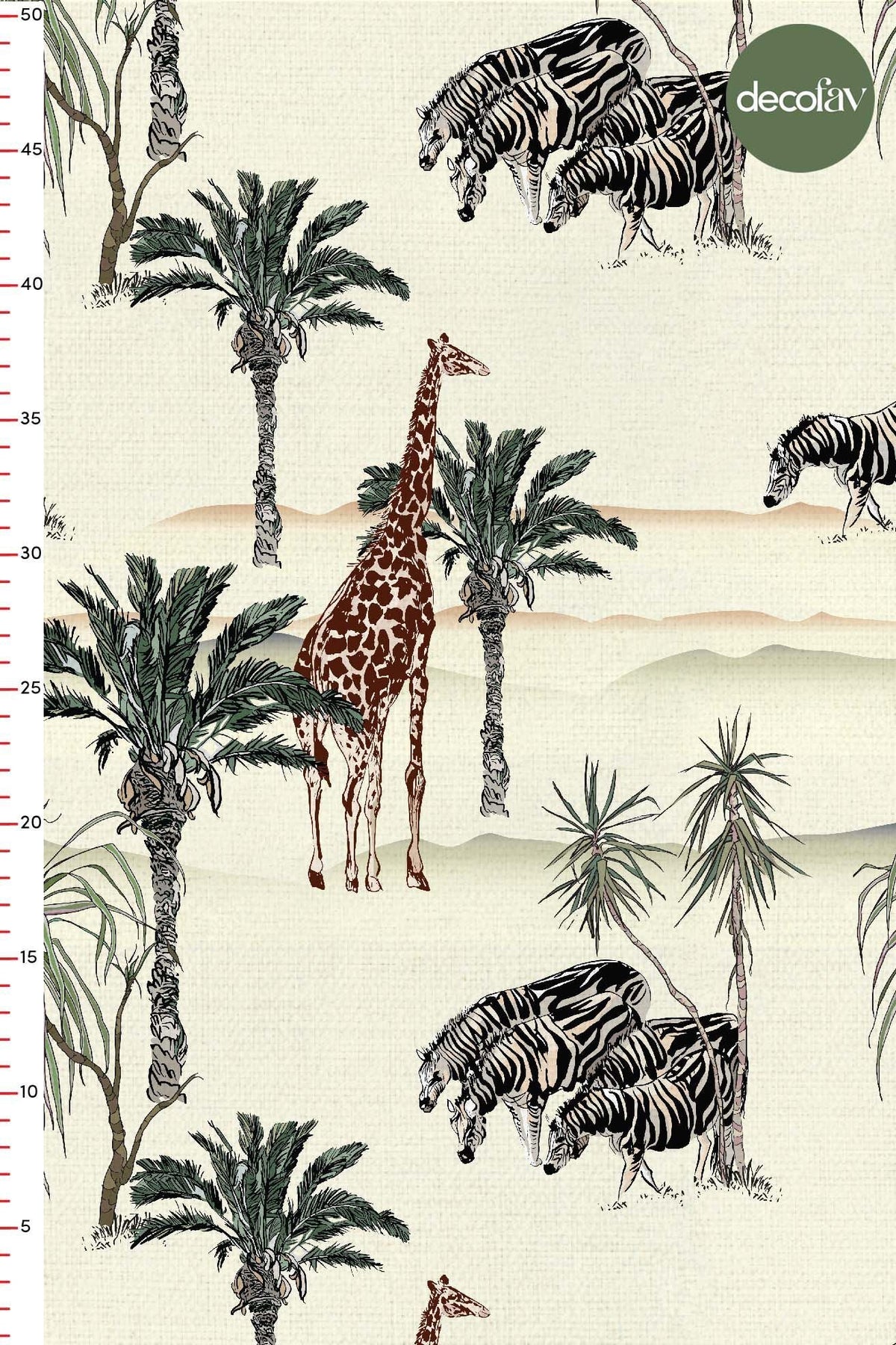 El Çizimi Zürafa Zebra ve Palmiye Ağaçları Tasarımlı Dijital Baskılı Kumaş