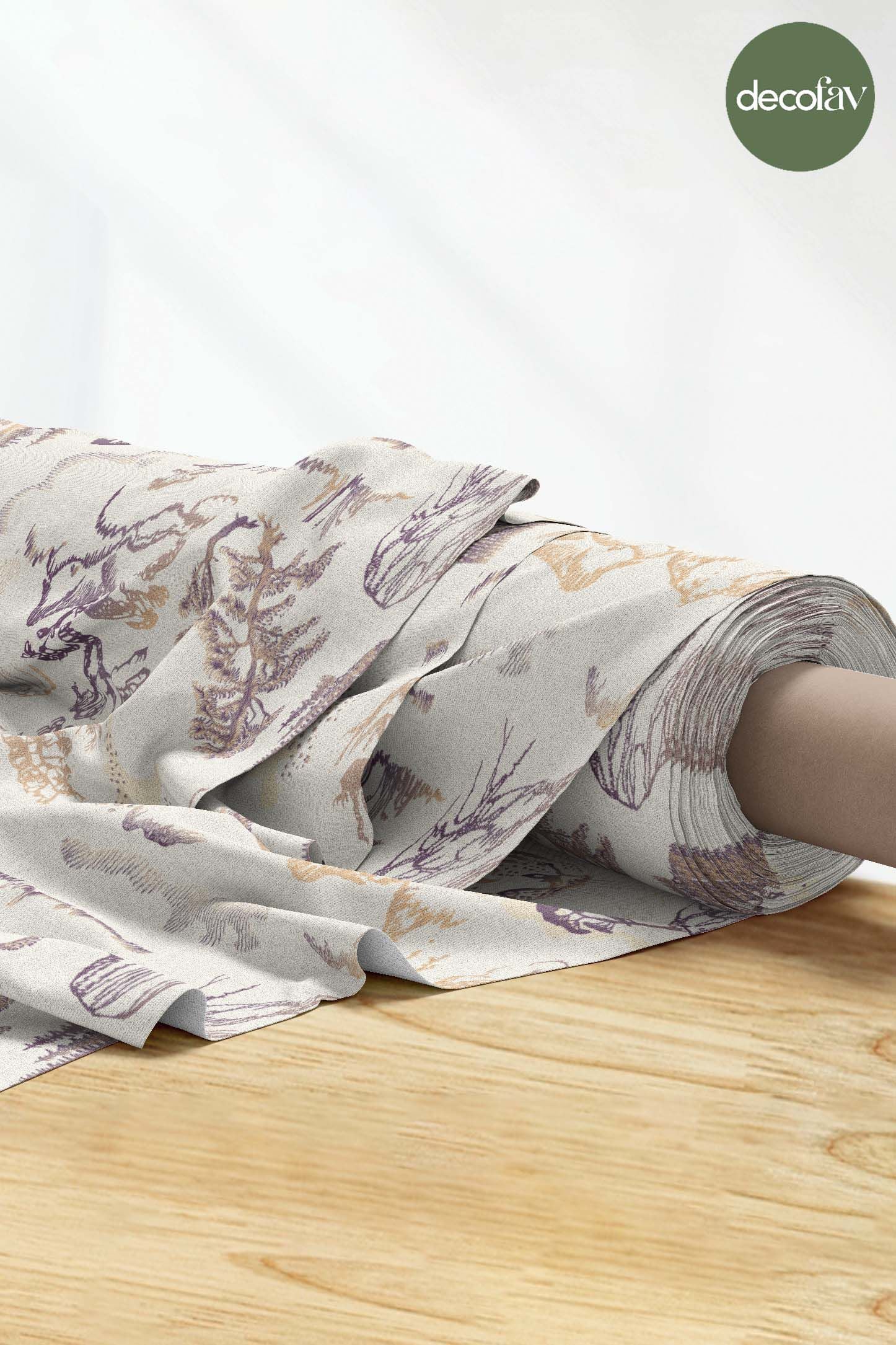 Digitally Printed Fabric with Tiger and Landscape Drawings on a Light Beige Background