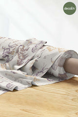 Digitally Printed Fabric with Tiger and Landscape Drawings on a Light Beige Background