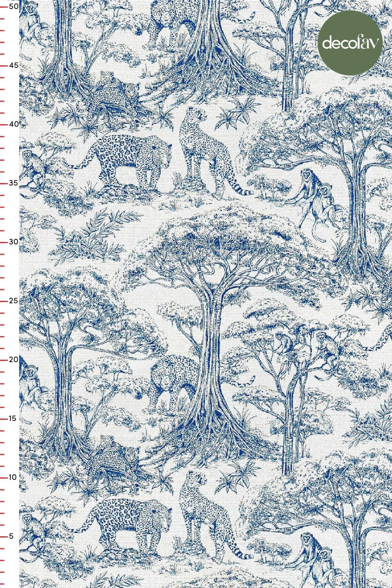 Indigo Safari Toile de Jouy Tarzı Dijital Baskılı Kumaş