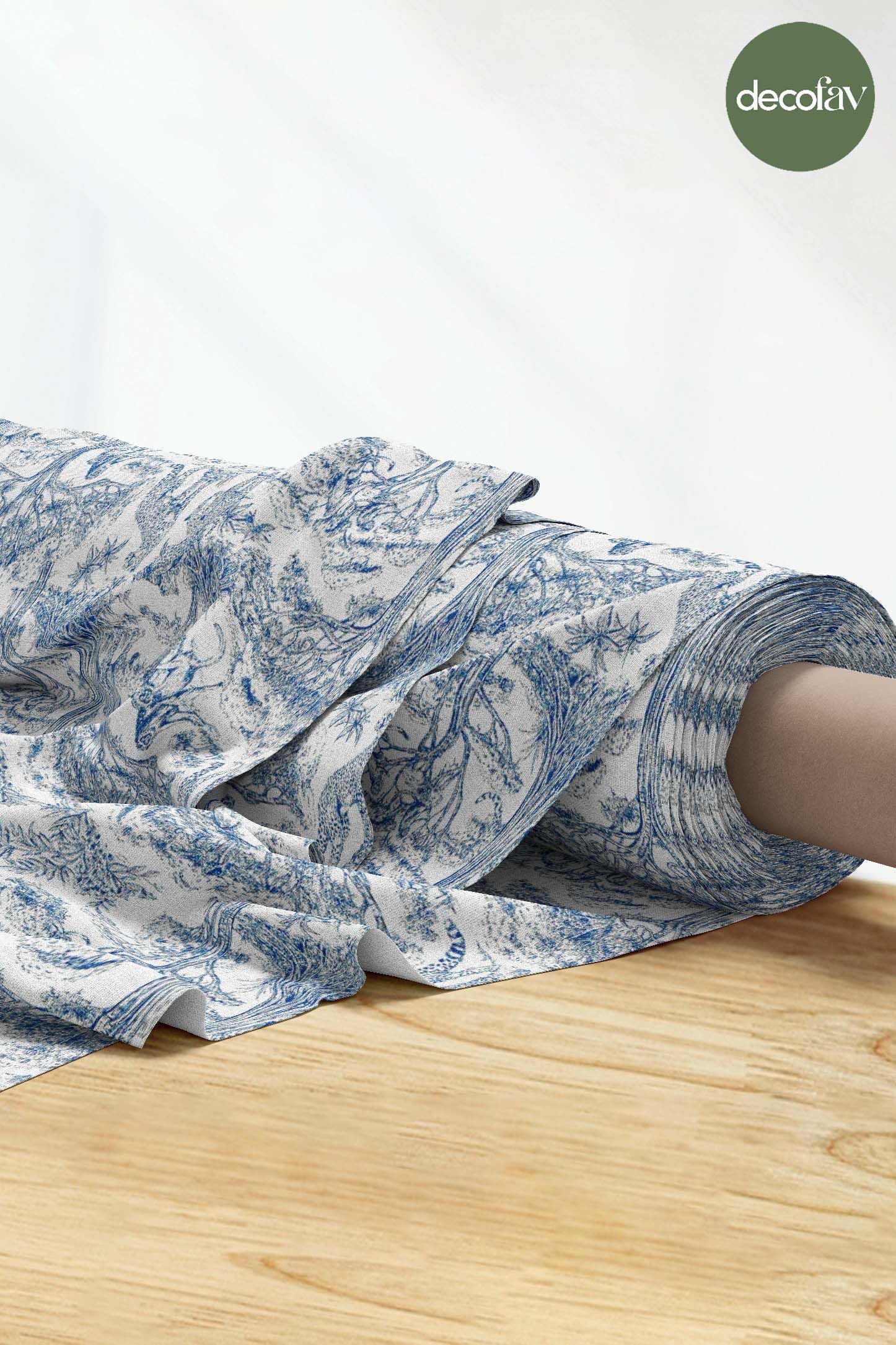 Indigo Safari Toile de Jouy Tarzı Dijital Baskılı Kumaş