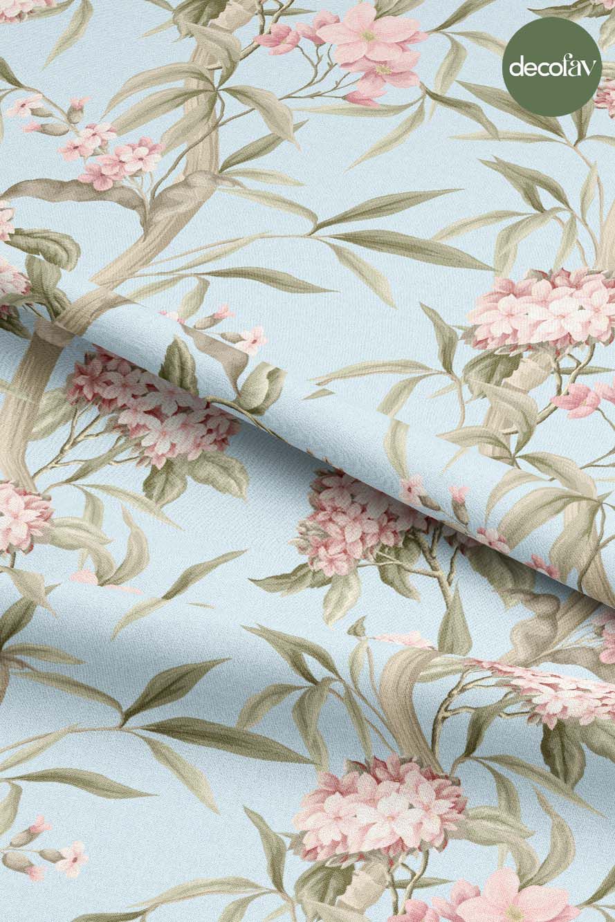 Pastel Mavi Zemin Vintage Çiçek Desenli Dijital Baskılı Kumaş
