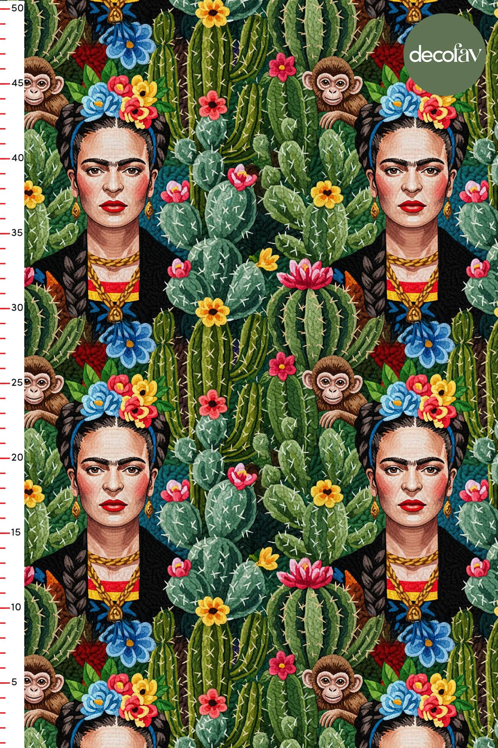 3D Nakış Efektli Dijital Baskılı Meksika Kadın Tasarımlı Kaktüs, Çiçek ve Maymun Desenli  Kumaş - Decofav | Kırlent, Sofra Tekstili, Kumaş