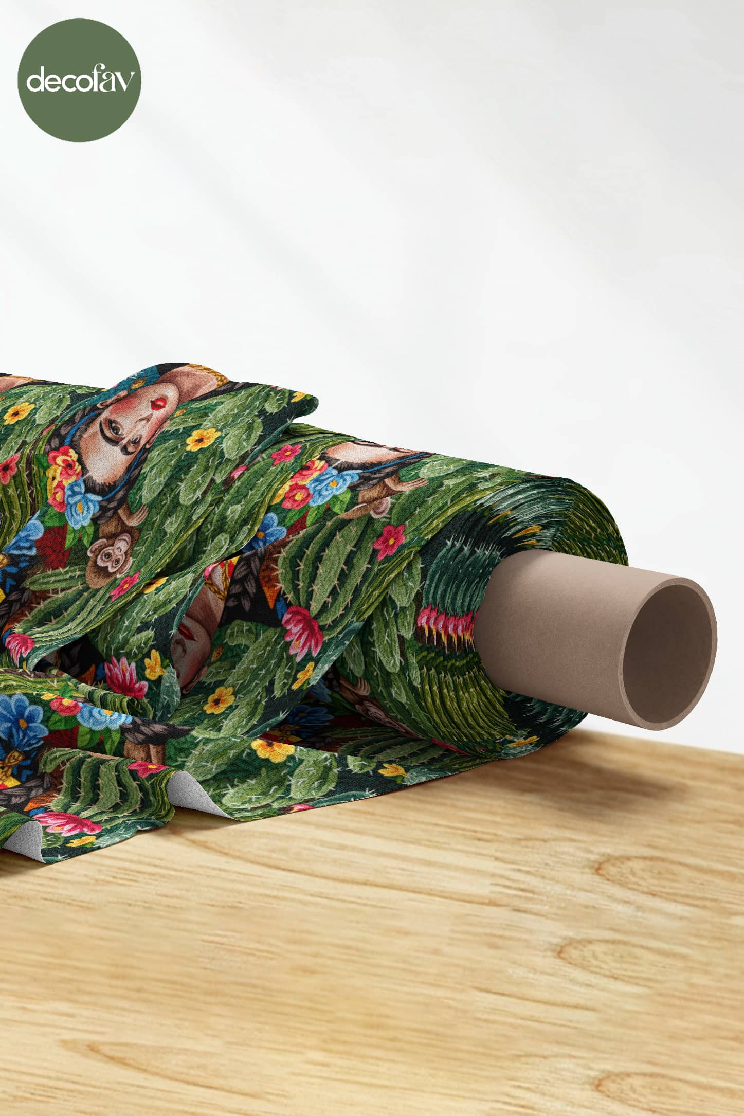 3D Nakış Efektli Dijital Baskılı Meksika Kadın Tasarımlı Kaktüs, Çiçek ve Maymun Desenli  Kumaş - Decofav | Kırlent, Sofra Tekstili, Kumaş