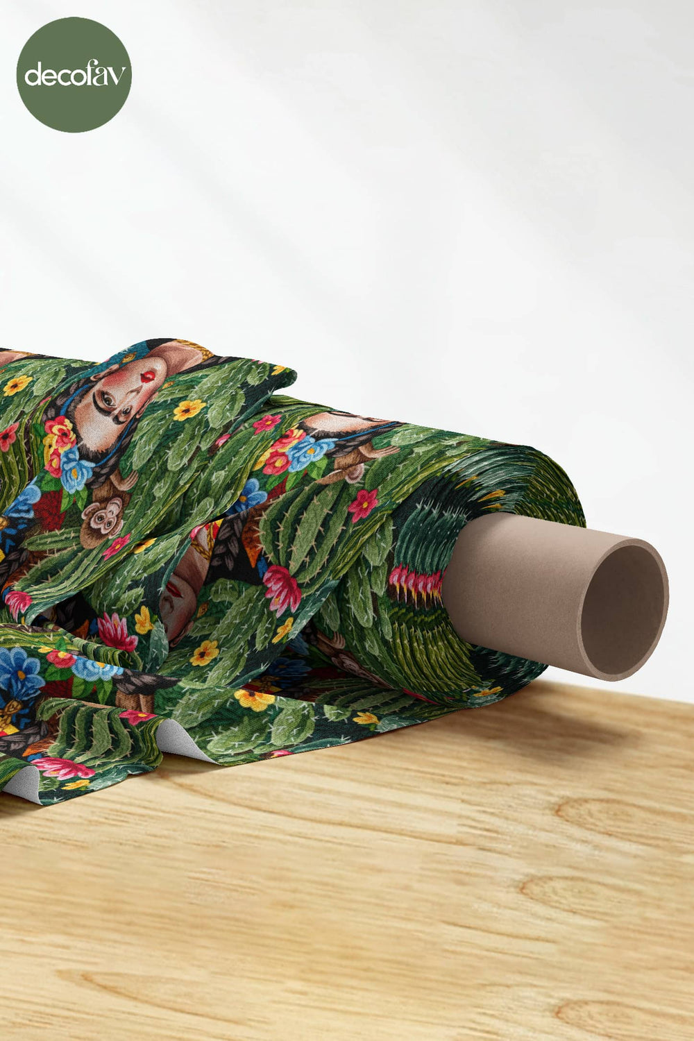 3D Nakış Efektli Dijital Baskılı Meksika Kadın Tasarımlı Kaktüs, Çiçek ve Maymun Desenli  Kumaş - Decofav | Kırlent, Sofra Tekstili, Kumaş