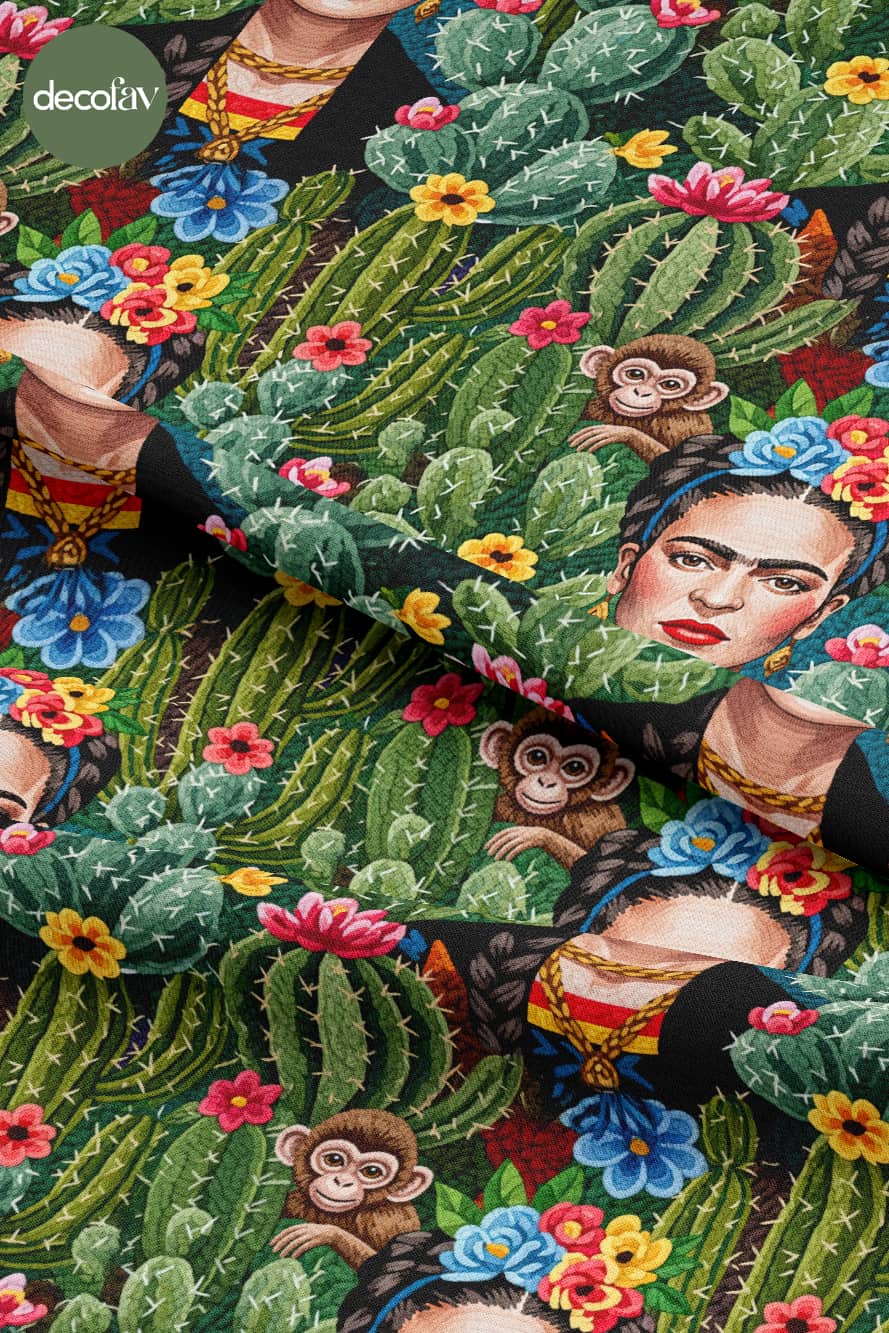 3D Nakış Efektli Dijital Baskılı Meksika Kadın Tasarımlı Kaktüs, Çiçek ve Maymun Desenli  Kumaş - Decofav | Kırlent, Sofra Tekstili, Kumaş