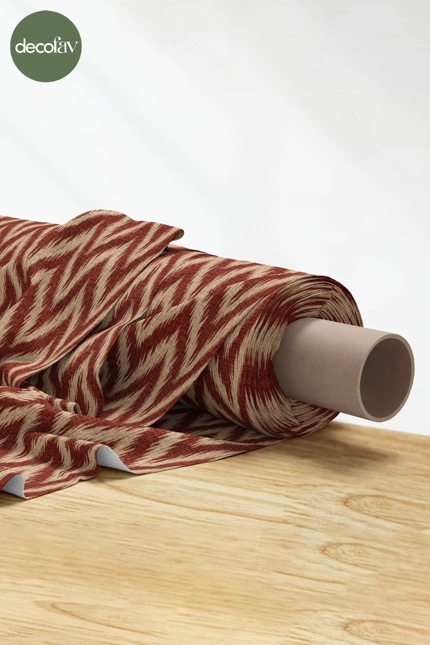 3D Nakış Efektli Dijital Baskılı Bordo Bej İkat Zigzag Desenli Kumaş