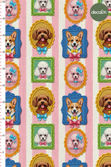 3D Nakış Efektli Dijital Baskılı Pembe Beyaz Çizgili Zemin Üzeri Çerçevedeki Şirin Süslü Köpek Tasarımlı Kumaş
