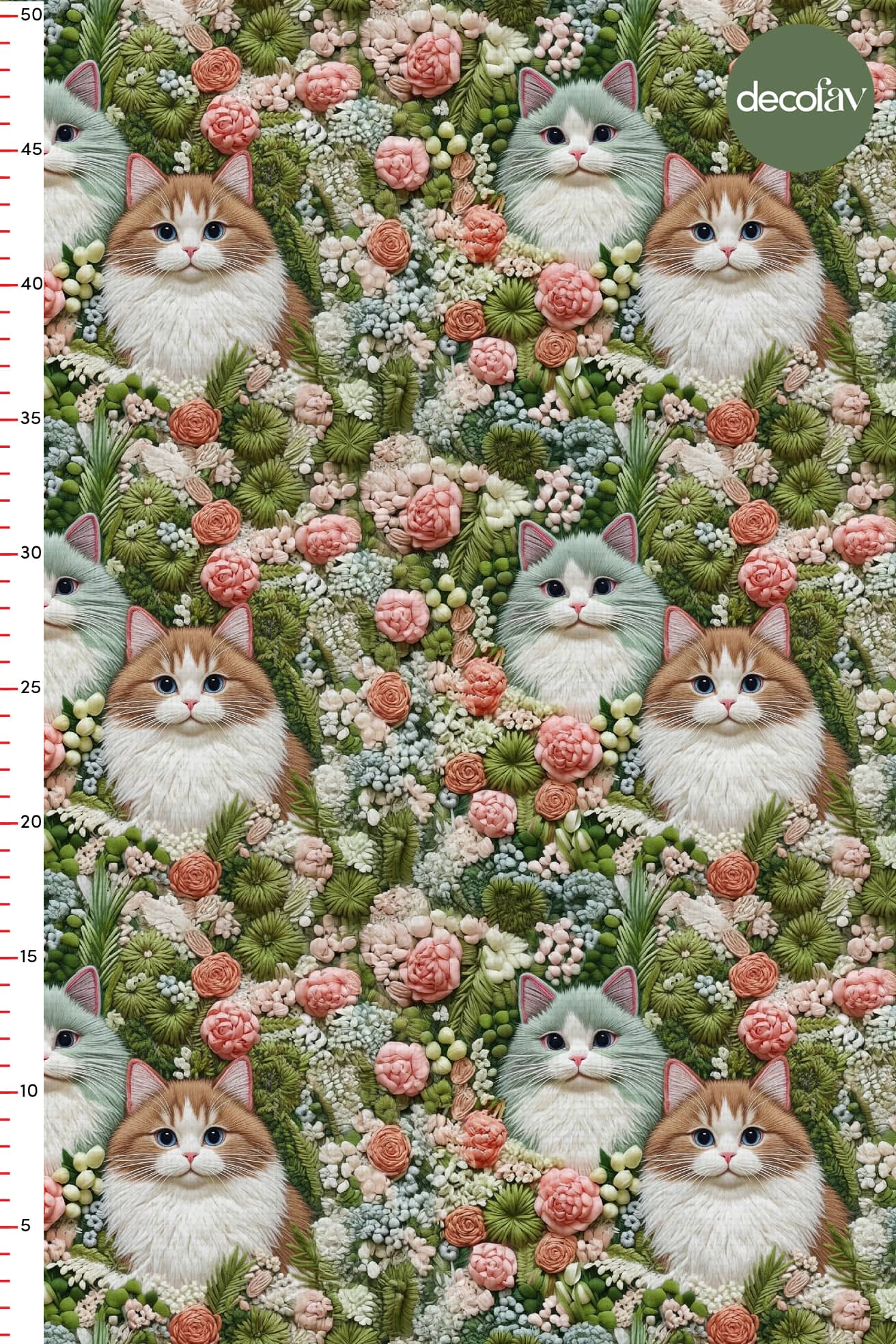 3D Nakış Efektli Dijital Baskılı Çiçek Bahçesindeki Kedi Desenli  Kumaş