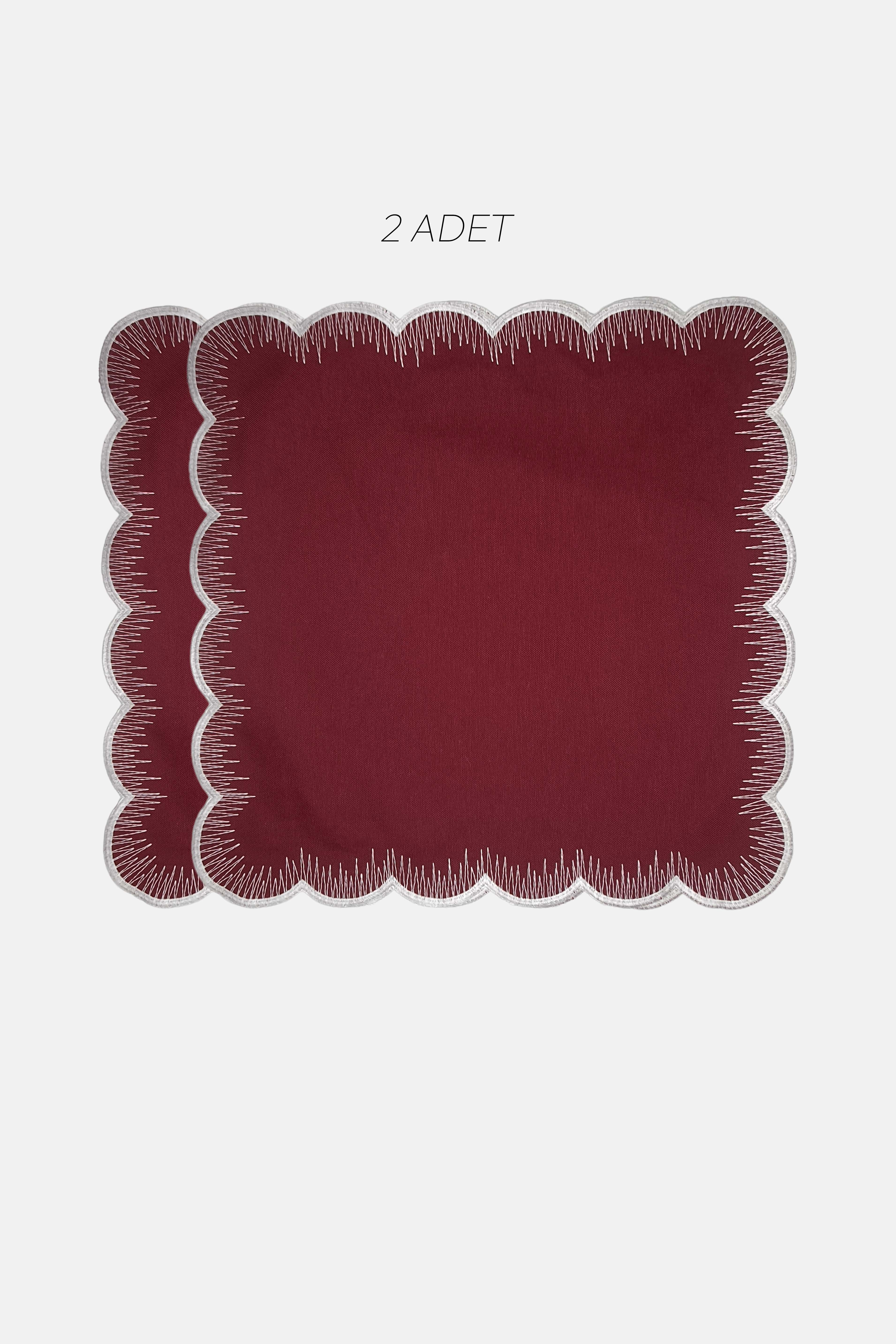 Scallop Kare Bordo Kumaş Nakışlı Amerikan Servis 2 Adet