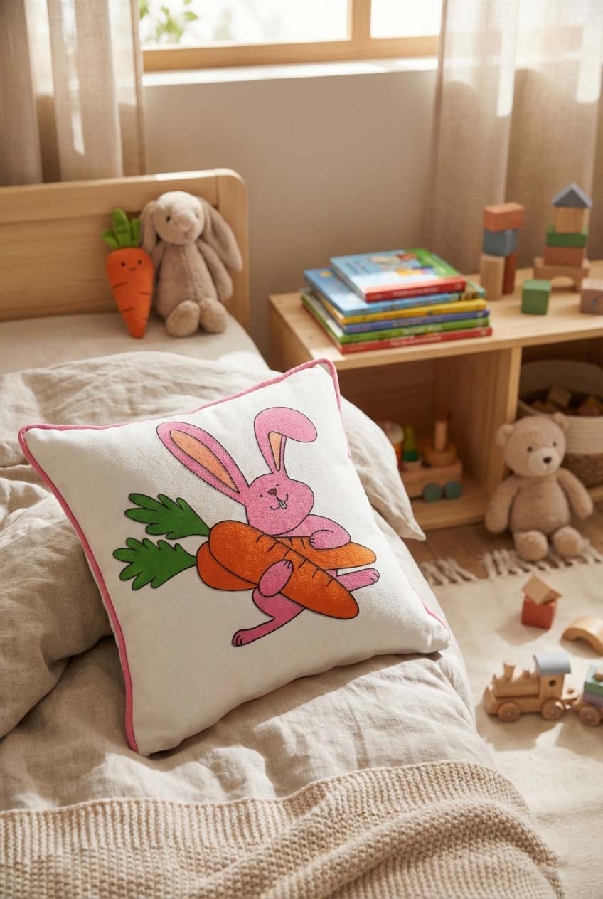 Bunny Hug – Tavşancık Temalı İç Dolgulu Çocuk Kırlenti (32x32 cm)