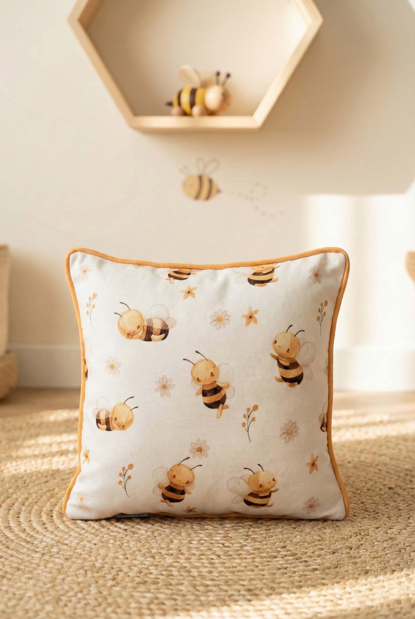 Buzz & Bloom – Arı Temalı İç Dolgulu Petek Dokulu Çocuk Kırlenti (32x32 cm)