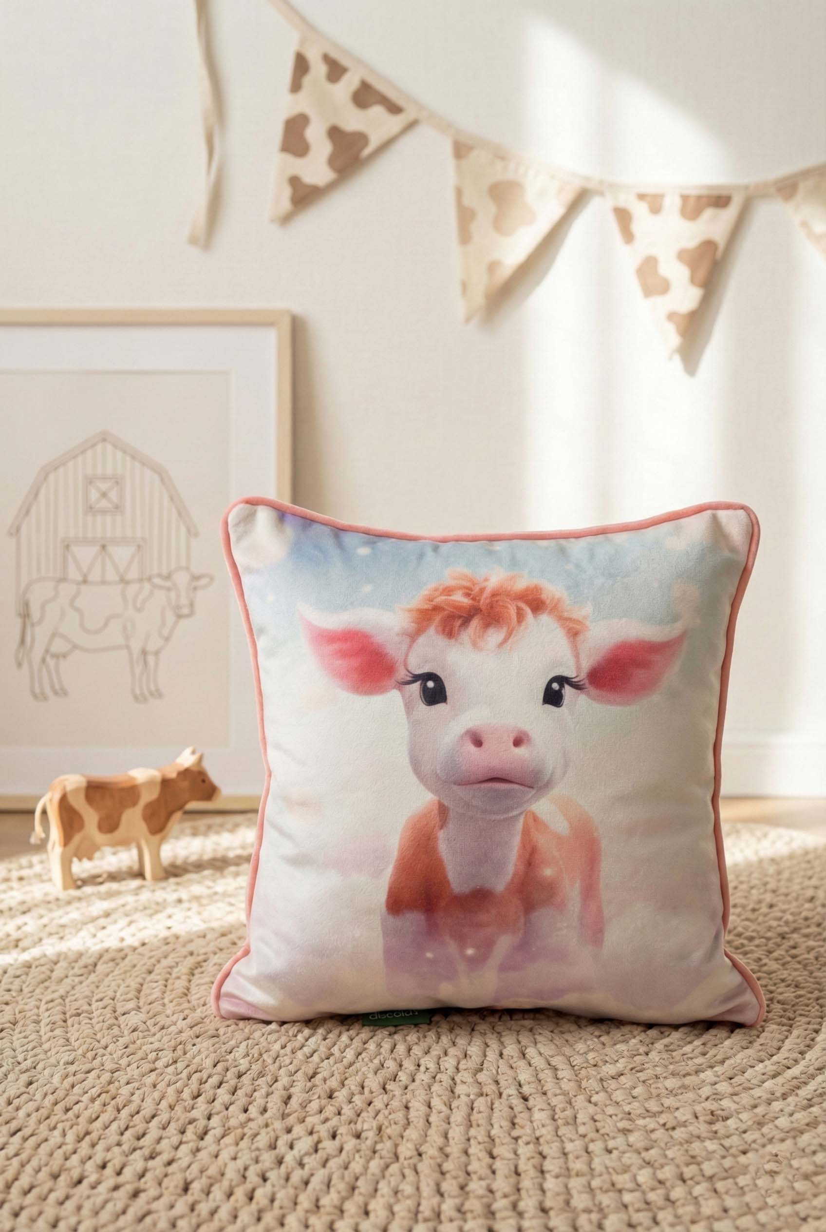 Baby Moo – İnek Temalı İç Dolgulu Dijital Baskılı Kadife Çocuk Kırlenti (32x32 cm)
