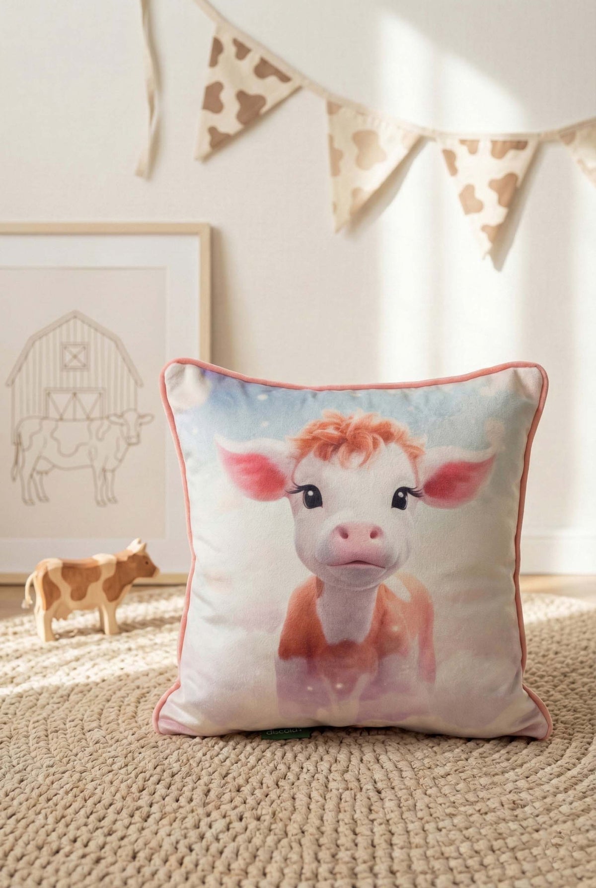 Baby Moo – İnek Temalı İç Dolgulu Dijital Baskılı Kadife Çocuk Kırlenti (32x32 cm)