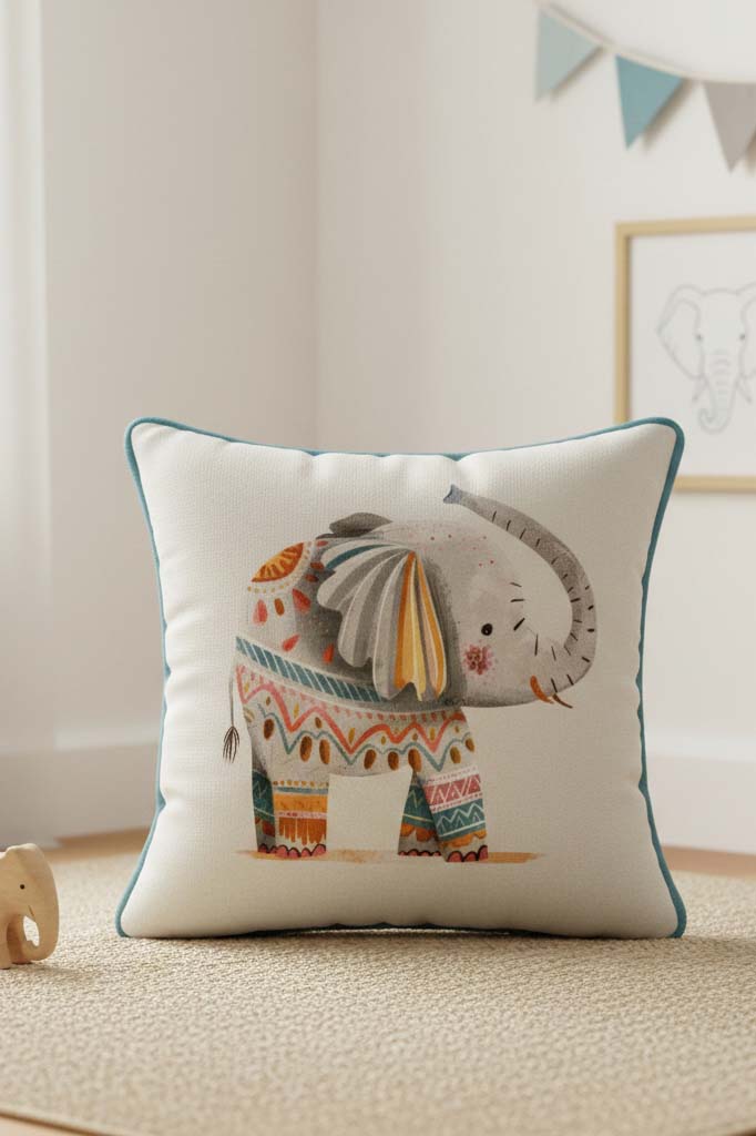 Painted Elephant – Fil Temalı İç Dolgulu Petek Dokulu Çocuk Kırlenti (32x32 cm)