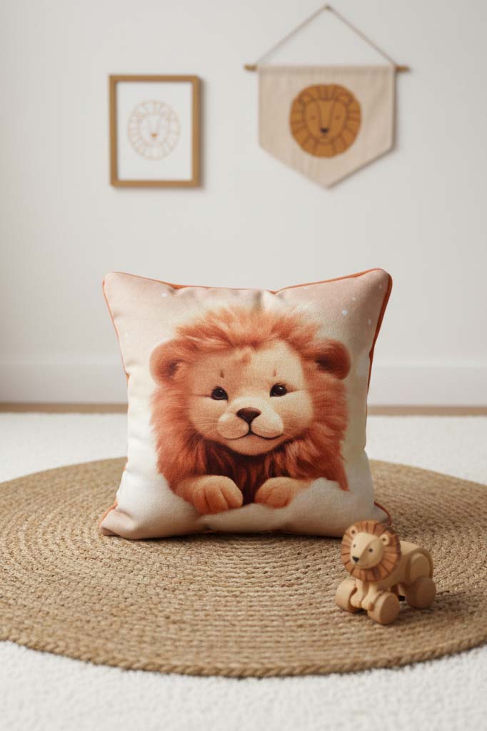 Little Lion – Aslan Temalı İç Dolgulu Dijital Baskılı Kadife Çocuk Kırlenti (32x32 cm)