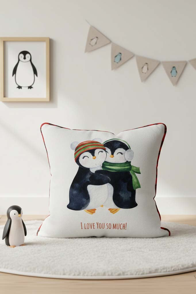Penguin Hug – Penguen Temalı İç Dolgulu Petek Dokulu Çocuk Kırlenti (32x32 cm)