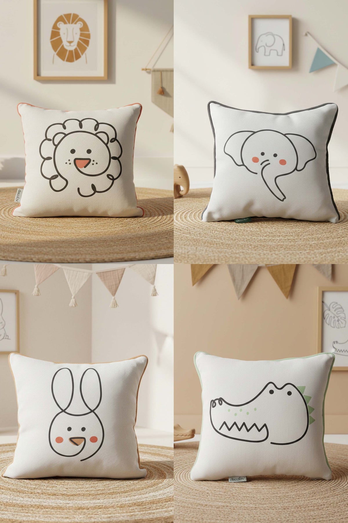 Animal Faces – 4’lü Set Minimal Hayvan Temalı Petek Dokulu İç Dolgulu Çocuk Kırlenti (32x32 cm)