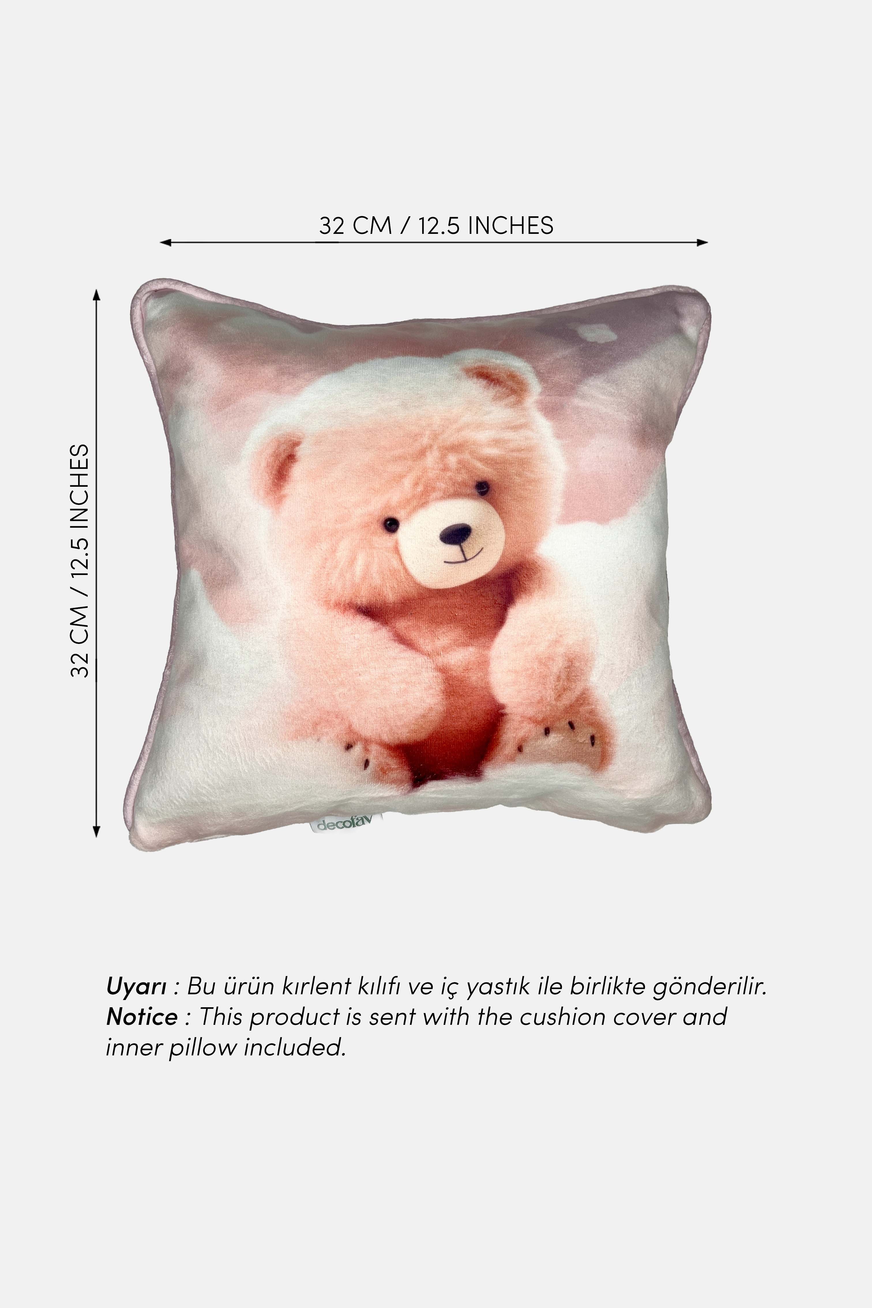Teddy Snuggle – Ayıcık Temalı İç Dolgulu Dijital Baskılı Kadife Çocuk Kırlenti (32x32 cm)
