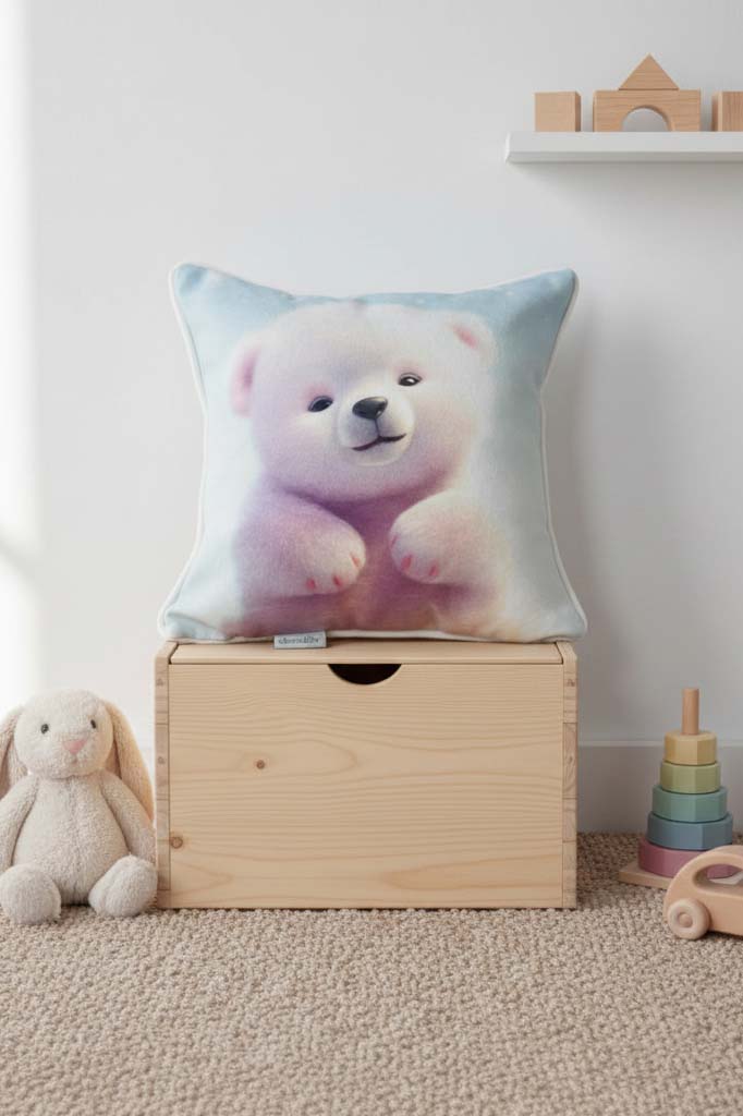 Polar Cuddle – Kutup Ayısı Temalı İç Dolgulu Dijital Baskılı Kadife Çocuk Kırlenti (32x32 cm)