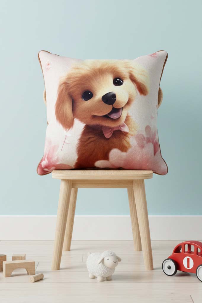 Golden Pup – Köpüş Temalı İç Dolgulu Dijital Baskılı Kadife Çocuk Kırlenti (32x32 cm)