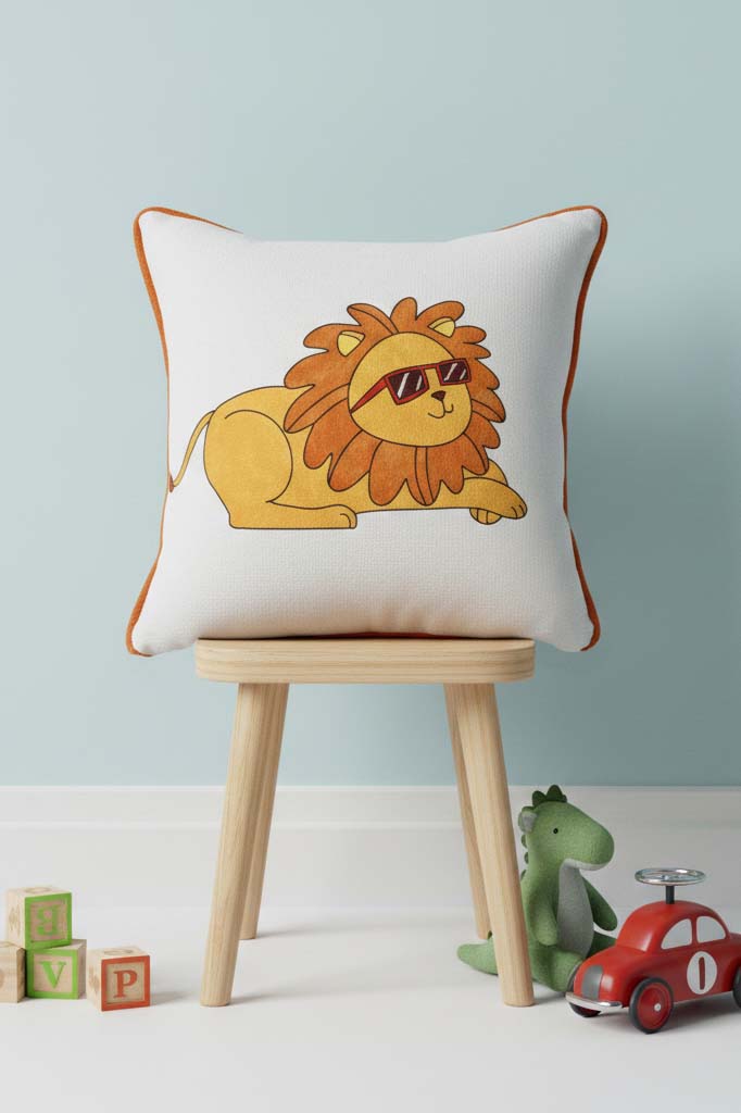 Cool Lion – Havalı Aslan İç Dolgulu Petek Dokulu Çocuk Kırlenti (32x32 cm)