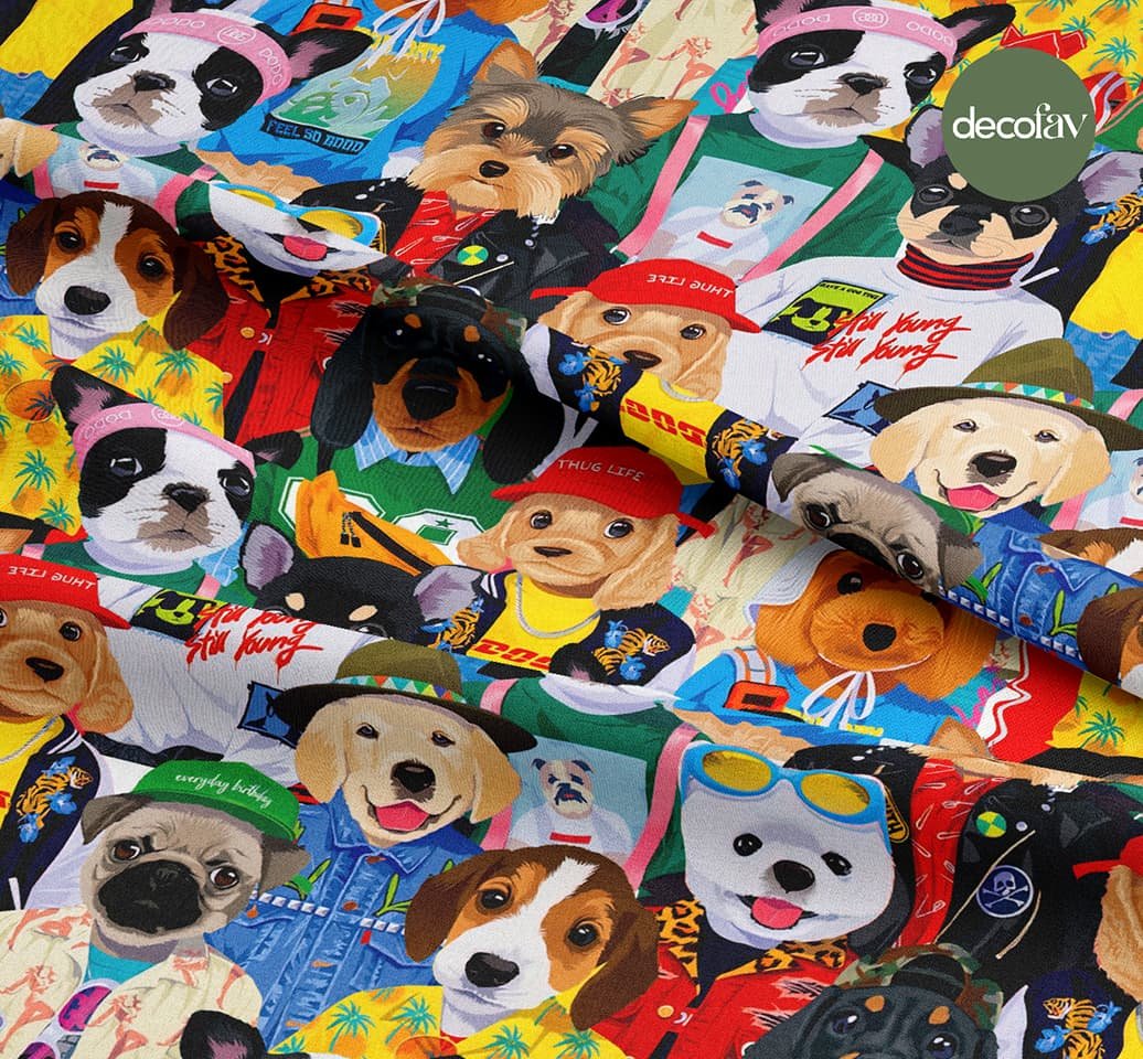 Moda İkonu Köpekler Desenli Dijital Baskılı Kumaş