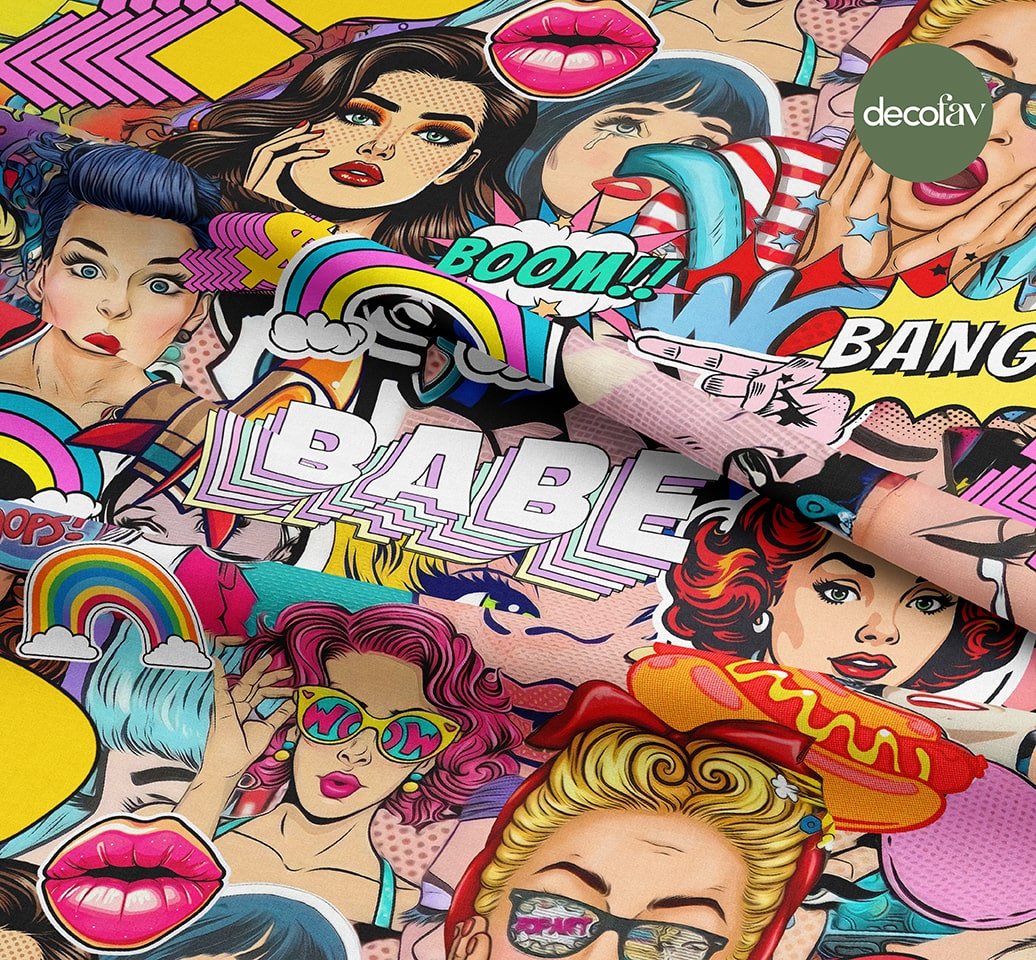 Şaşkın Kadın Yüz İfadeli Pop Art  Desenli Dijital Baskılı Kumaş