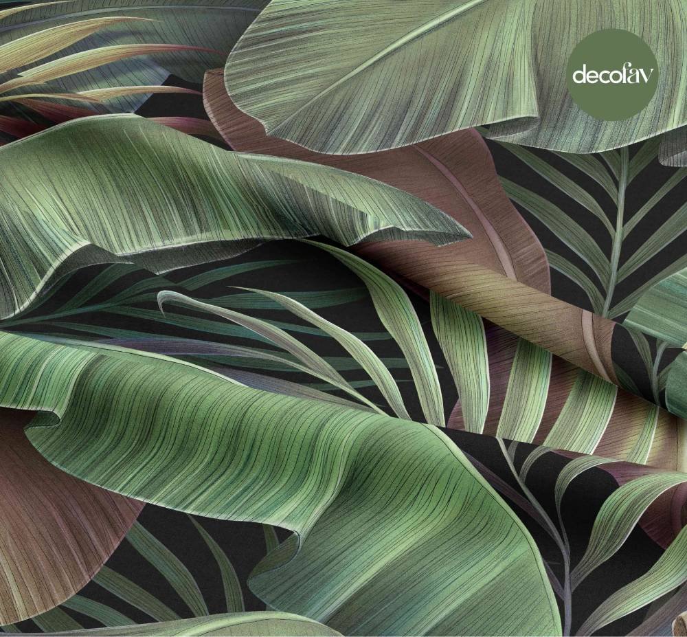 Digitally Printed Fabric with Tropical Leaf Pattern on a Black Background