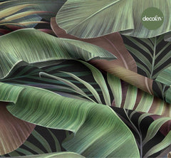 Digitally Printed Fabric with Tropical Leaf Pattern on a Black Background