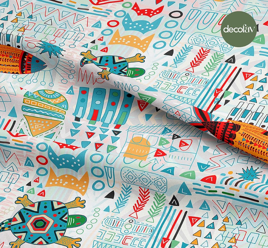 Digitally Printed Fabric with Hand-Drawn Turtle and Fish Pattern