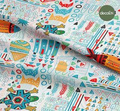 Digitally Printed Fabric with Hand-Drawn Turtle and Fish Pattern