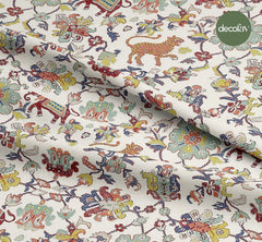 İşleme Efektli Fil Kaplan Çiçek Desenli Dijital Baskılı Kumaş