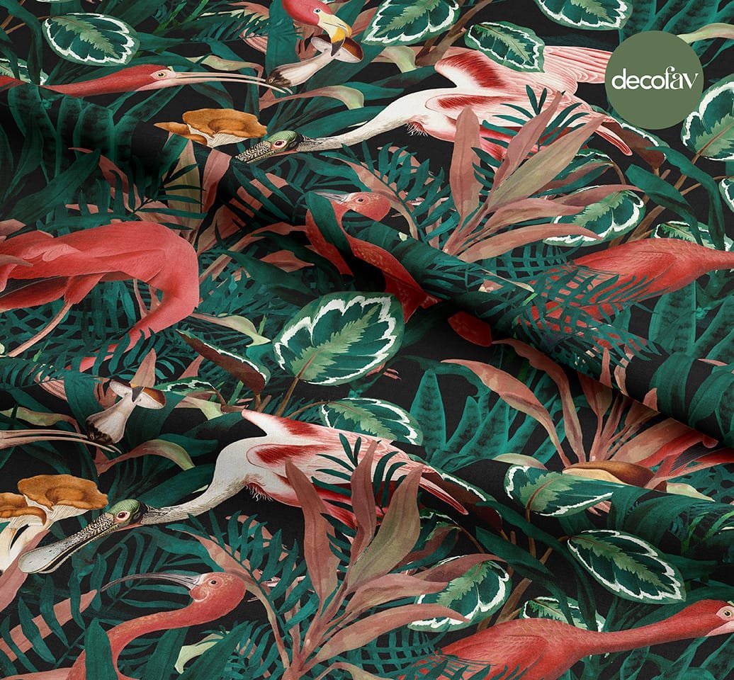 Tropik Yapraklar Flamingo  Desenli Dijital Baskılı Kumaş