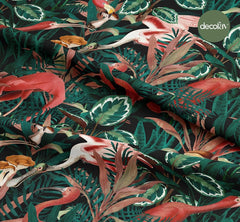 Tropik Yapraklar Flamingo  Desenli Dijital Baskılı Kumaş