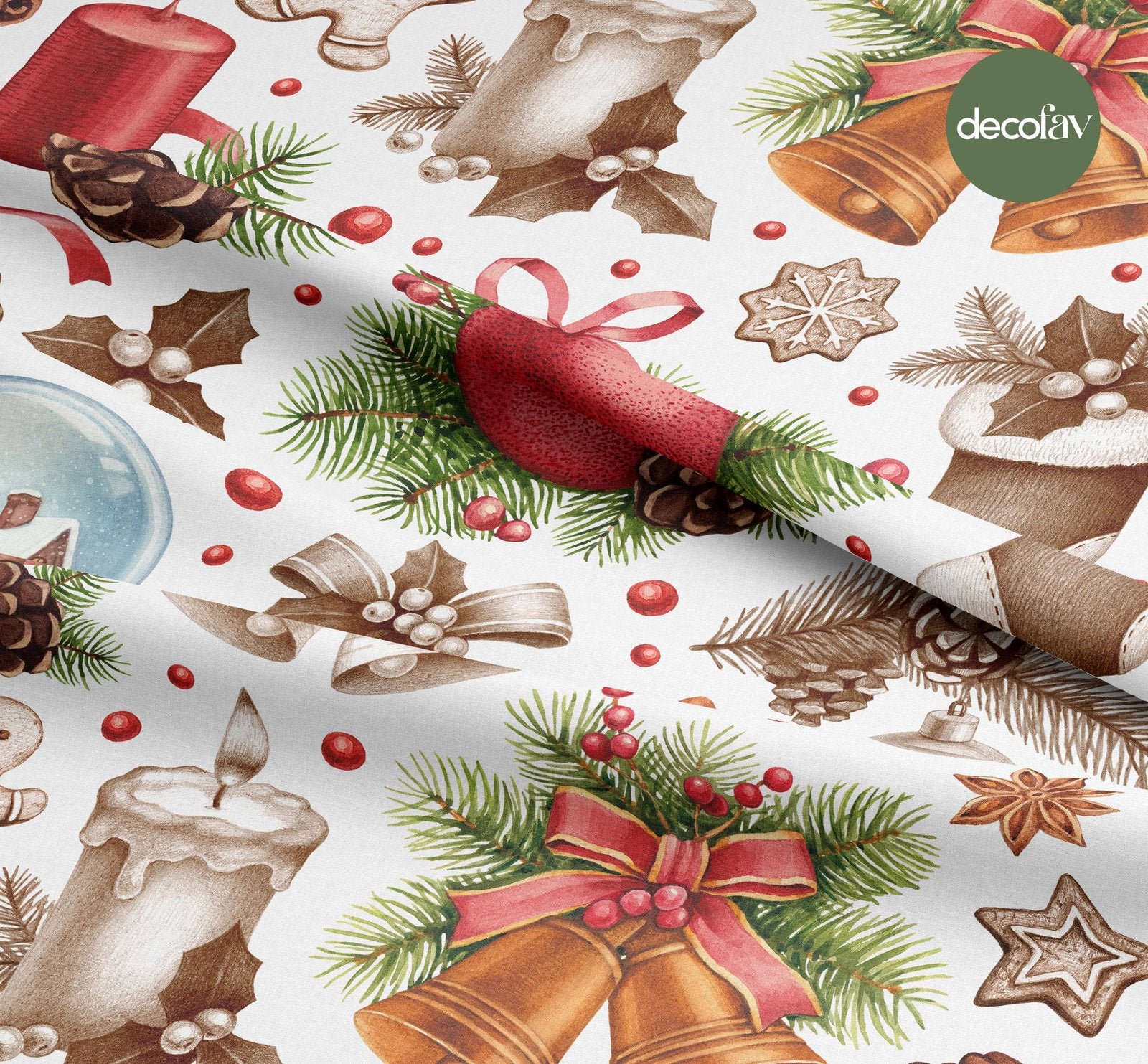 Christmas Themed Candle Snow Globe Sock Bell Pattern Digital Printed Christmas Fabric