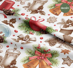 Christmas Themed Candle Snow Globe Sock Bell Pattern Digital Printed Christmas Fabric