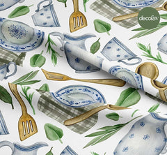 Watercolor Gray Plaid Cloth Kitchen Objects Patterned Digital Printed Fabric